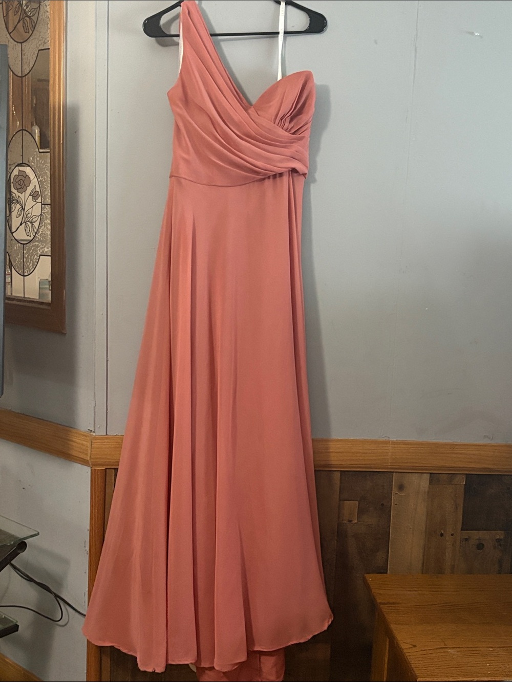 David's Bridal One-Shoulder Dusty Rose Chiffon Gown